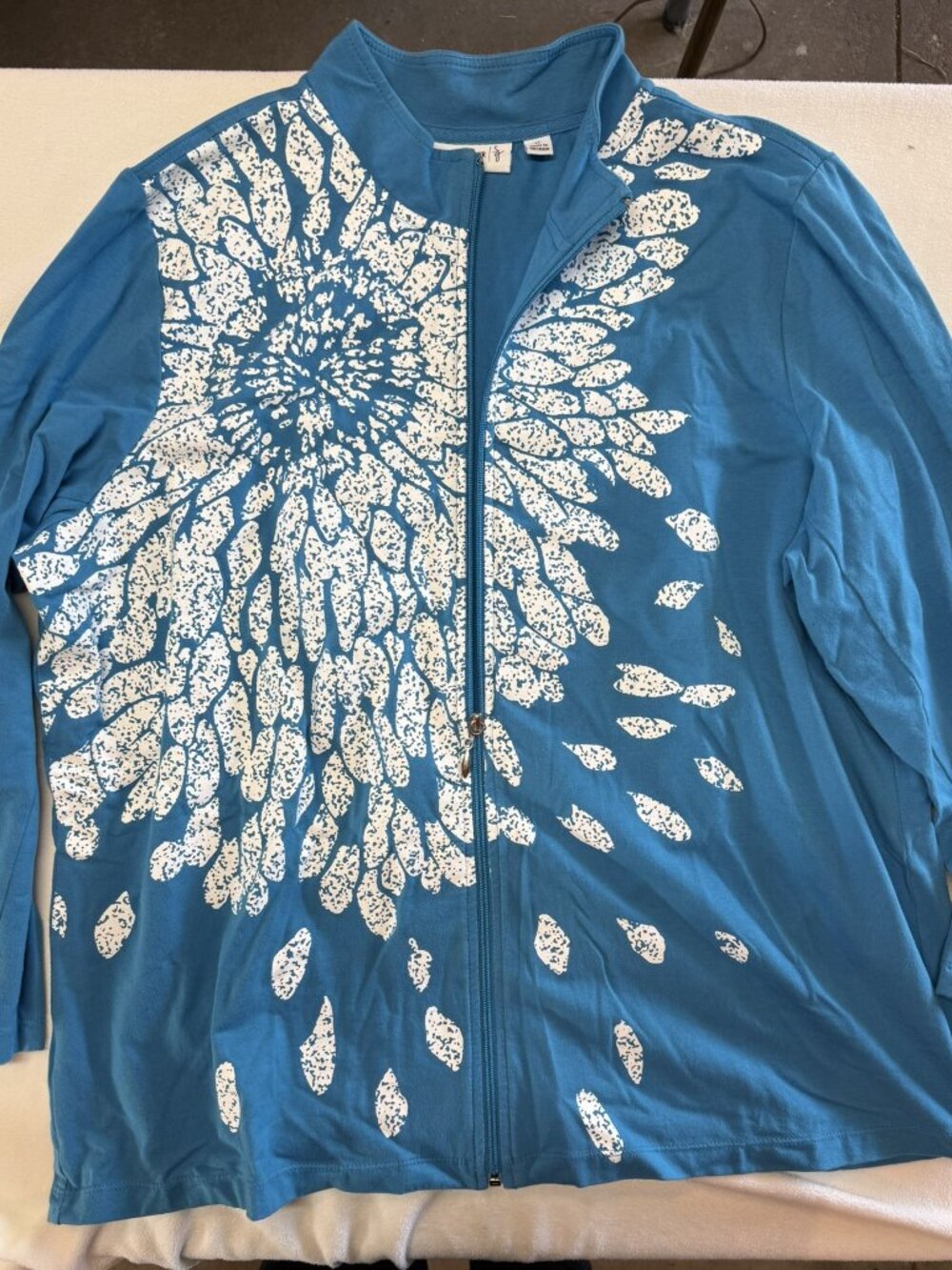 Susan Graver Zip‑Front Jacket – Aqua Floral Burst – 1X
